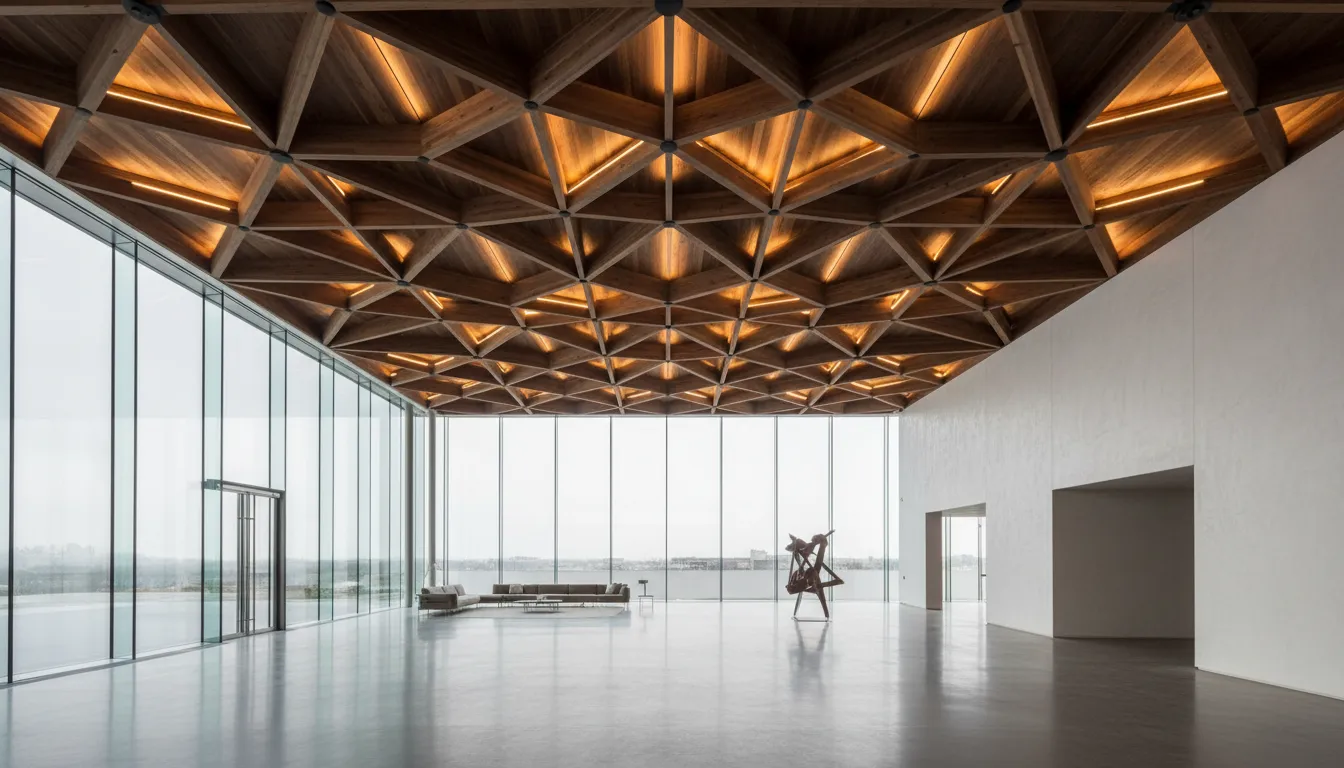 Dramatic completed timber ceiling installation showcasing geometric wooden beams and architectural craftsmanship in finished space
