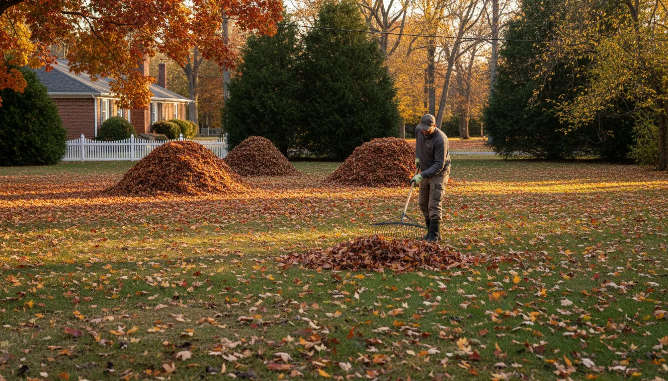 Landscaper raking autumn leaves in residential yard during seasonal cleanup service, showing organized leaf collection and yard maintenance work.
