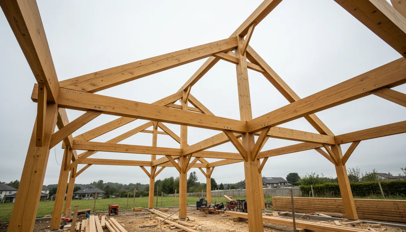 Newly constructed timber frame structure with exposed wooden beams and precise joinery against overcast sky